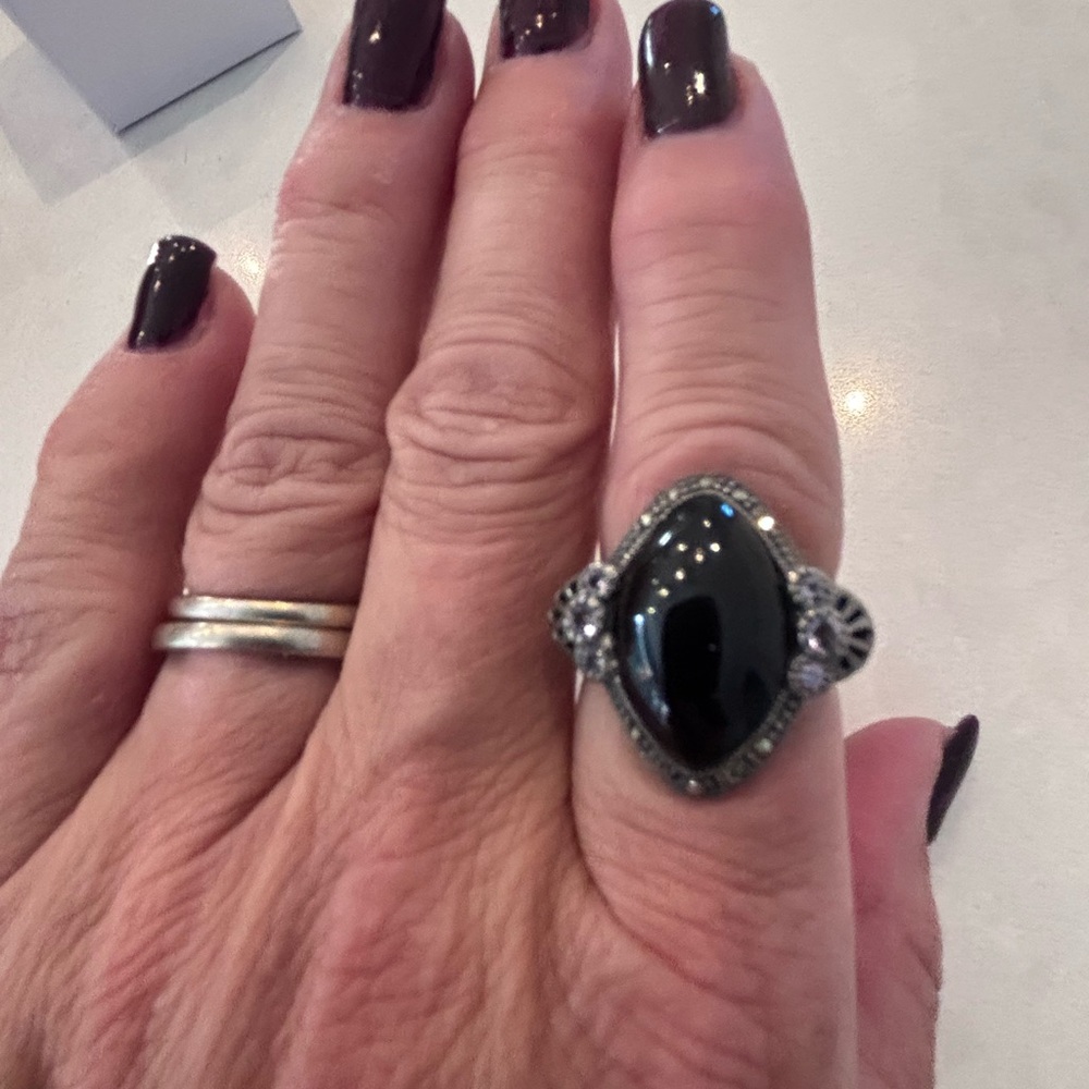 Elegant Black Onyx, Amethyst and Silver Women's Ring
